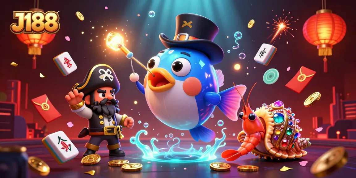Experience the thrill of winning at J188 with a vibrant illustration of animated gambling elements.