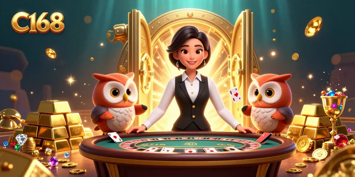 Experience excitement at C168 Casino with a vibrant scene featuring skilled dealers, dynamic games, and treasures.