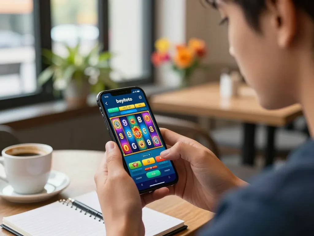 Bermain bayitoto secara online, seorang pengguna terlibat dalam permainan slot yang penuh warna di smartphone, menunjukkan pengalaman bermain yang dinamis.