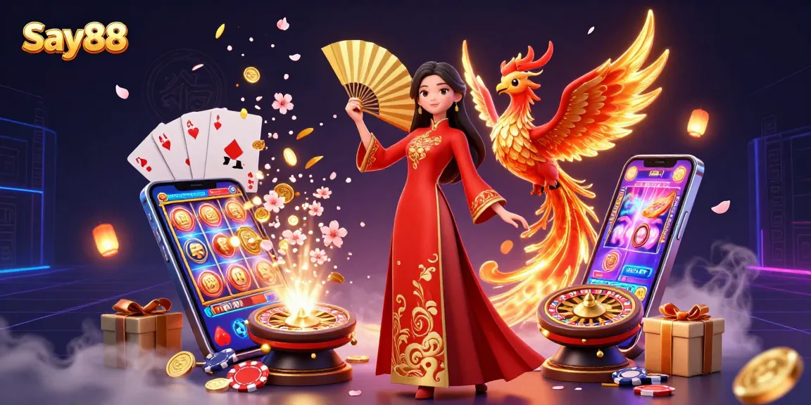 Engage with exciting casino rewards at Say88 in this vibrant 3D illustration featuring captivating characters and games.