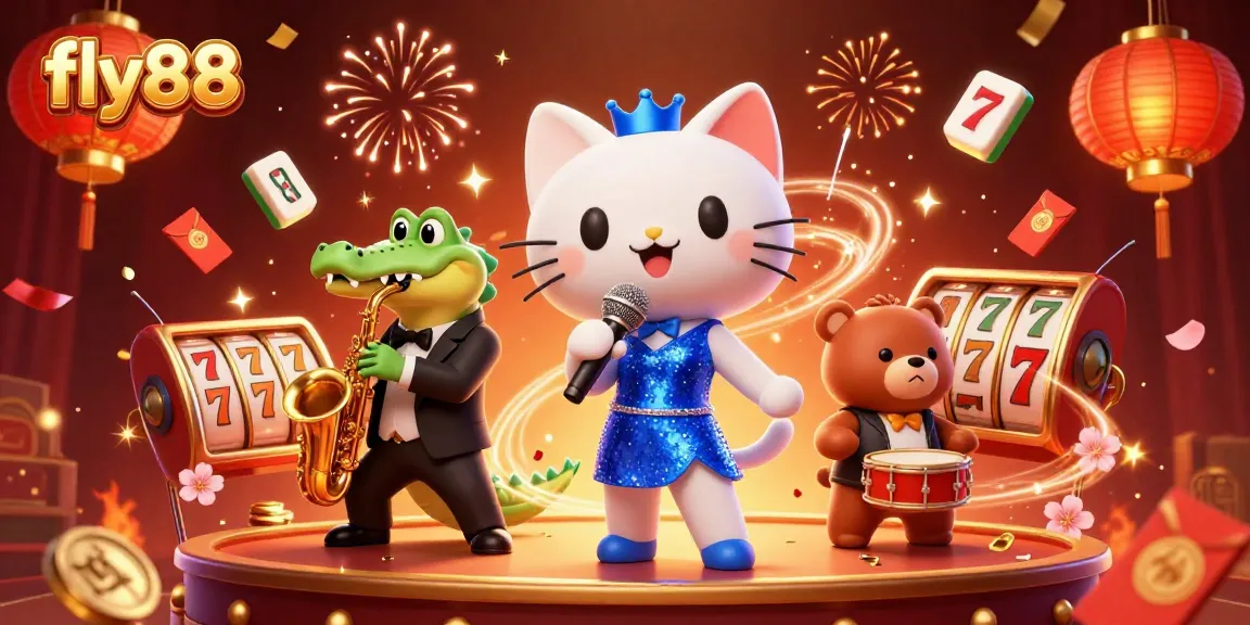 Engage with fly88 in a vibrant casino scene featuring animated characters and slot reels.