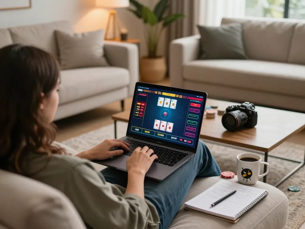 Player enjoying an online poker game while exploring m114 betting strategies at home.