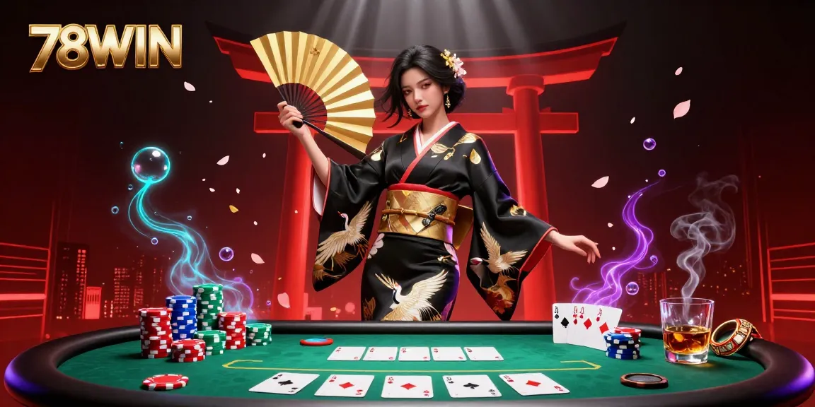 Engage with the immersive betting experience at 78WIN while enjoying a vibrant casino scene filled with poker chips and cards.