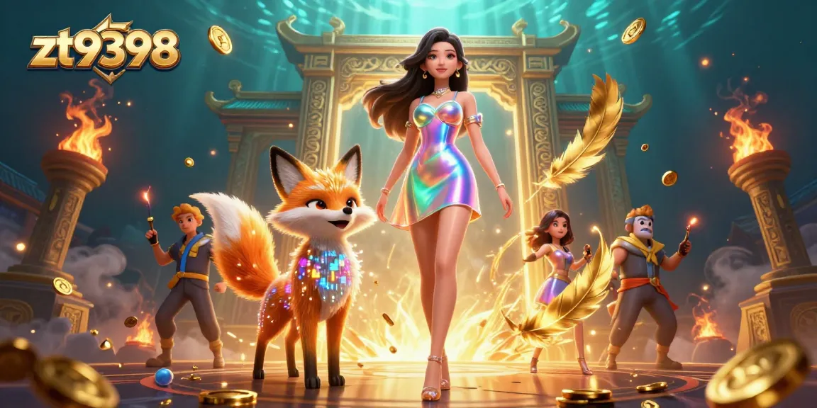Engage with zt9398's exciting gaming adventure as a colorful woman emerges in a vibrant casino scene.