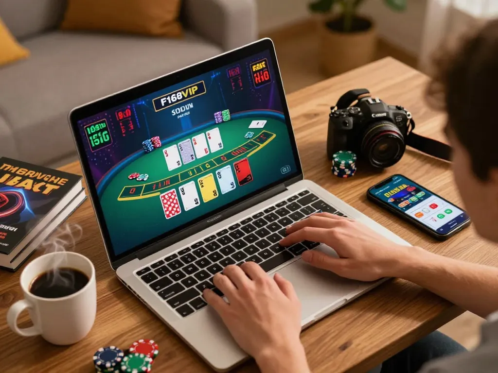 Engaging in an online blackjack game with F168VIP on a cozy home setup featuring warm lighting and strategic gameplay elements.
