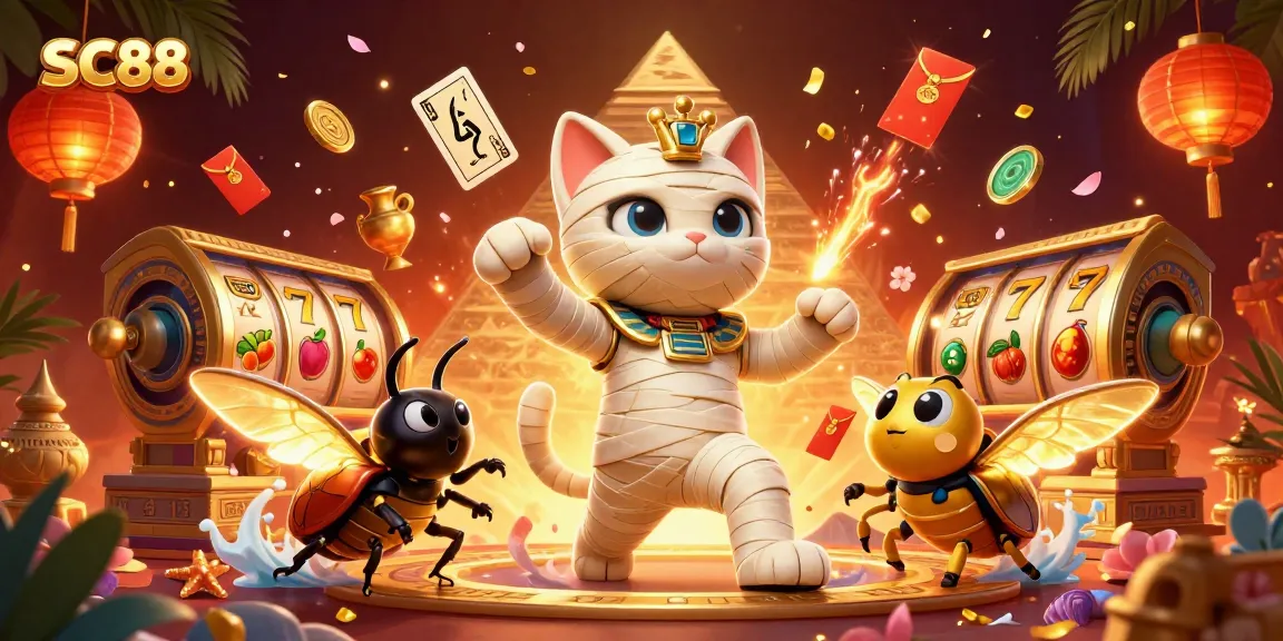 Experience thrilling gameplay at SC88 with a vibrant 3D casino scene featuring a mummy cat and dynamic elements.