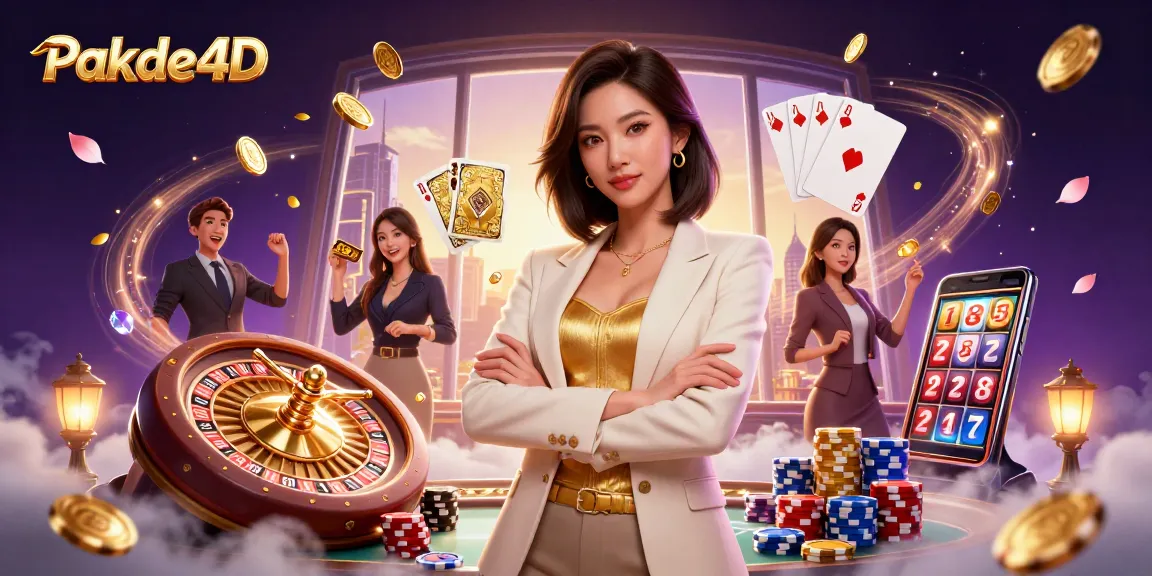 Experience the thrill of Pakde4D with stunning visuals of an elegant Asian woman holding a golden deck of cards amidst casino excitement.