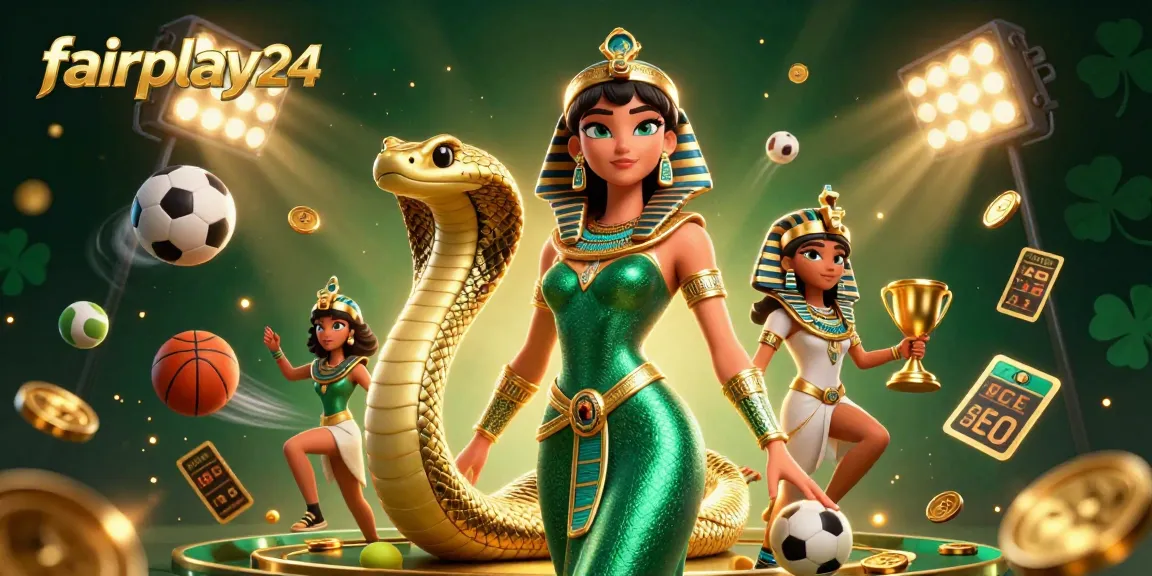 Experience thrilling sports betting action with fairplay24 in this dynamic 3D illustration featuring a confident woman and golden cobra.