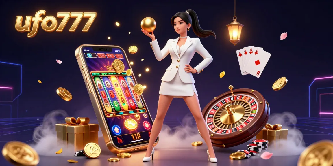 Engage with ufo777's thrilling casino experience featuring a confident player amidst vibrant gaming elements.