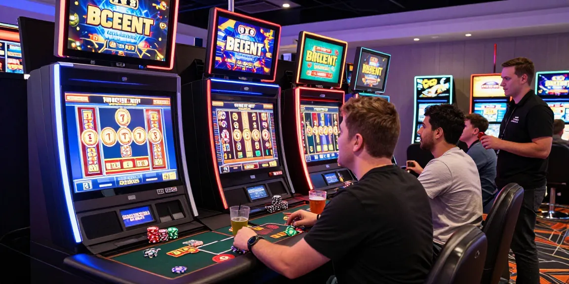 Player celebrating a win on new UK slot sites in vibrant casino setting, surrounded by colorful machines and lively atmosphere.