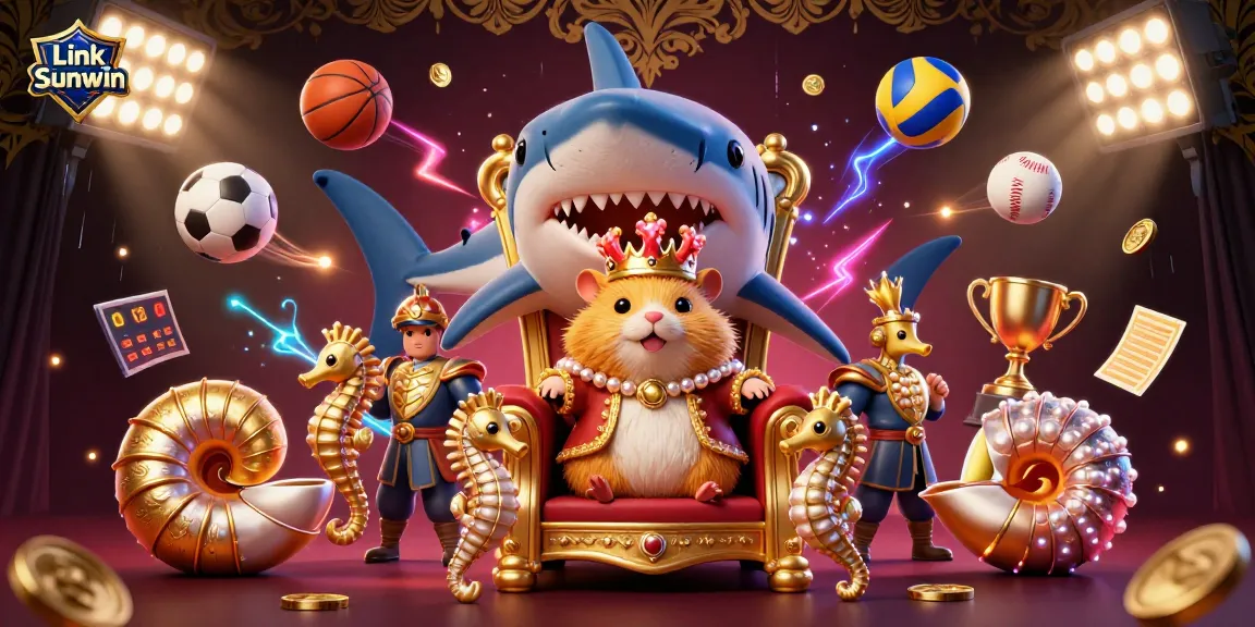 Win big with Link Sunwin featuring a fierce golden hamster king surrounded by dynamic gambling elements.
