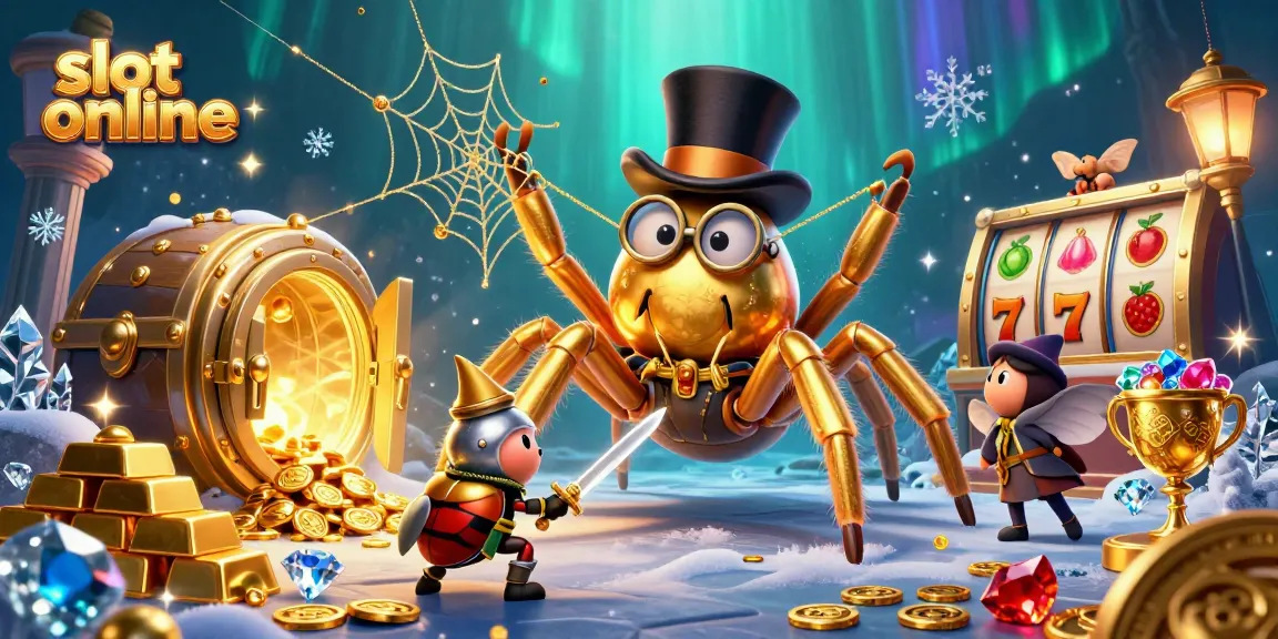 Menyaksikan slot online dengan tarantula emas raksasa dan kesatria beetle dalam ilustrasi 3D dinamis gamifikasi kasino.