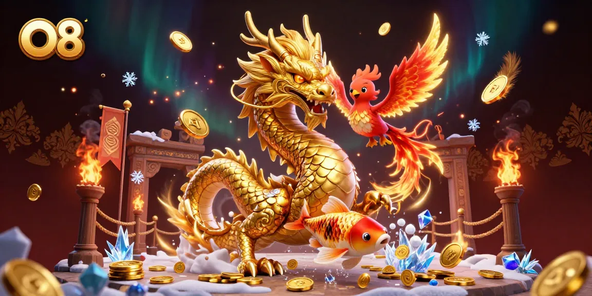 Engage with O8's thrilling adventure featuring a dragon, phoenix, and koi in a vibrant casino scene.
