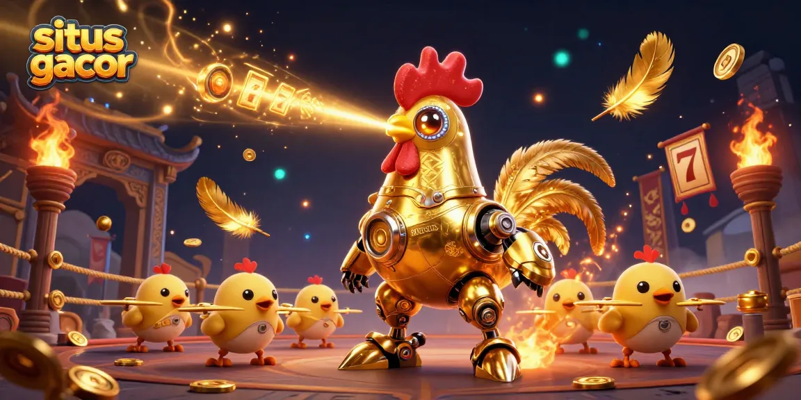 Aktifkan situs slot gacor dengan ilustrasi robot ayam emas dan drone yang membawa keberuntungan.