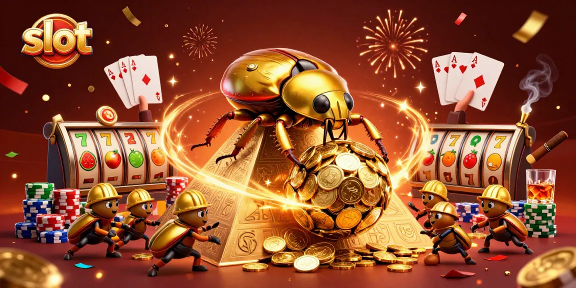 Experience thrilling slot action with colorful reels and golden beetles in a vibrant casino setting.