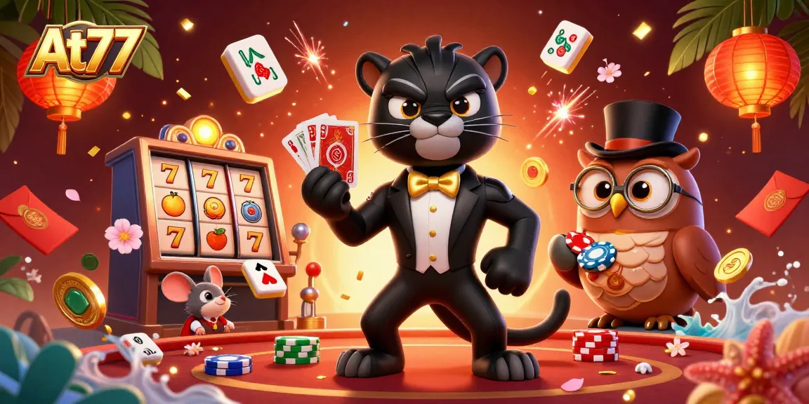 Experience thrilling gaming excitement at At77 with stylized casino characters and rich decorative elements.