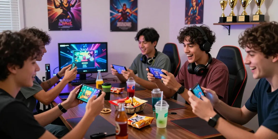 Excited friends logging into Raja Game on their mobile devices in a vibrant gaming atmosphere.