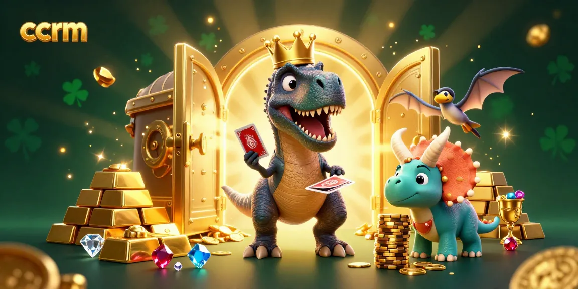 Experience the exhilarating world of ccrm, where playful dinosaurs engage in thrilling casino card games amid dazzling treasures.